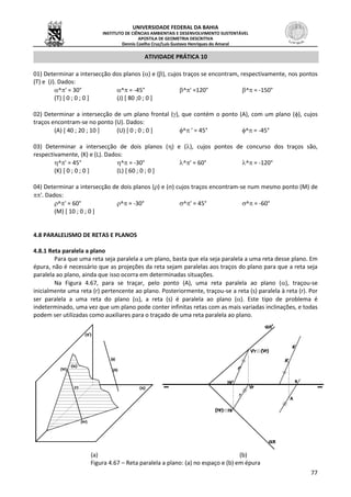 UNIVERSIDADE FEDERAL DA BAHIA
INSTITUTO DE CIÊNCIAS AMBIENTAIS E DESENVOLVIMENTO SUSTENTÁVEL
APOSTILA DE GEOMETRIA DESCRITIVA
Dennis Coelho Cruz/Luís Gustavo Henriques do Amaral
77
ATIVIDADE PRÁTICA 10
01) Determinar a intersecção dos planos () e (), cujos traços se encontram, respectivamente, nos pontos
(T) e (J). Dados:
^' = 30° ^ = -45° ^' =120° ^ = -150°
(T) [ 0 ; 0 ; 0 ] (J) [ 80 ;0 ; 0 ]
02) Determinar a intersecção de um plano frontal (), que contém o ponto (A), com um plano (), cujos
traços encontram-se no ponto (U). Dados:
(A) [ 40 ; 20 ; 10 ] (U) [ 0 ; 0 ; 0 ] ^ ' = 45° ^ = -45°
03) Determinar a intersecção de dois planos () e (), cujos pontos de concurso dos traços são,
respectivamente, (K) e (L). Dados:
^' = 45° ^= -30° ^' = 60° ^ = -120°
(K) [ 0 ; 0 ; 0 ] (L) [ 60 ; 0 ; 0 ]
04) Determinar a intersecção de dois planos () e () cujos traços encontram-se num mesmo ponto (M) de
'. Dados:
^' = 60° ^ = -30° ^' = 45° ^ = -60°
(M) [ 10 ; 0 ; 0 ]
4.8 PARALELISMO DE RETAS E PLANOS
4.8.1 Reta paralela a plano
Para que uma reta seja paralela a um plano, basta que ela seja paralela a uma reta desse plano. Em
épura, não é necessário que as projeções da reta sejam paralelas aos traços do plano para que a reta seja
paralela ao plano, ainda que isso ocorra em determinadas situações.
Na Figura 4.67, para se traçar, pelo ponto (A), uma reta paralela ao plano (), traçou-se
inicialmente uma reta (r) pertencente ao plano. Posteriormente, traçou-se a reta (s) paralela à reta (r). Por
ser paralela a uma reta do plano (), a reta (s) é paralela ao plano (). Este tipo de problema é
indeterminado, uma vez que um plano pode conter infinitas retas com as mais variadas inclinações, e todas
podem ser utilizadas como auxiliares para o traçado de uma reta paralela ao plano.
(a) (b)
Figura 4.67 – Reta paralela a plano: (a) no espaço e (b) em épura
 