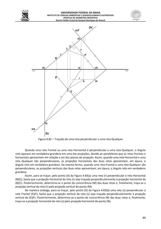 UNIVERSIDADE FEDERAL DA BAHIA
INSTITUTO DE CIÊNCIAS AMBIENTAIS E DESENVOLVIMENTO SUSTENTÁVEL
APOSTILA DE GEOMETRIA DESCRITIVA
Dennis Coelho Cruz/Luís Gustavo Henriques do Amaral
89
Figura 4.82 – Traçado de uma reta perpendicular a uma reta Qualquer
Quando uma reta Frontal ou uma reta Horizontal é perpendicular a uma reta Qualquer, o ângulo
reto aparece em verdadeira grandeza em uma das projeções, devido ao paralelismo que as retas frontais e
horizontais apresentam em relação a um dos planos de projeção. Assim, quando uma reta Horizontal e uma
reta Qualquer são perpendiculares, as projeções horizontais das duas retas apresentam, em épura, o
ângulo reto em verdadeira grandeza. Da mesma forma, quando uma reta Frontal e uma reta Qualquer são
perpendiculares, as projeções verticais das duas retas apresentam, em épura, o ângulo reto em verdadeira
grandeza.
Assim, para se traçar, pelo ponto (A) da Figura 4.83(a) uma reta (r) perpendicular à reta Horizontal
(B)(C), basta que a projeção horizontal da reta (r) seja traçada perpendicularmente à projeção horizontal de
(B)(C). Posteriormente, determina-se o ponto de concorrência (M) das duas retas e, finalmente, traça-se a
projeção vertical da reta (r) pela projeção vertical do ponto (M).
De maneira análoga, para se traçar, pelo ponto (D) da Figura 4.83(b) uma reta (s) perpendicular à
reta Frontal (E)(F), basta que a projeção vertical da reta (s) seja traçada perpendicularmente à projeção
vertical de (E)(F). Posteriormente, determina-se o ponto de concorrência (N) das duas retas e, finalmente,
traça-se a projeção horizontal da reta (s) pela projeção horizontal do ponto (N).
 