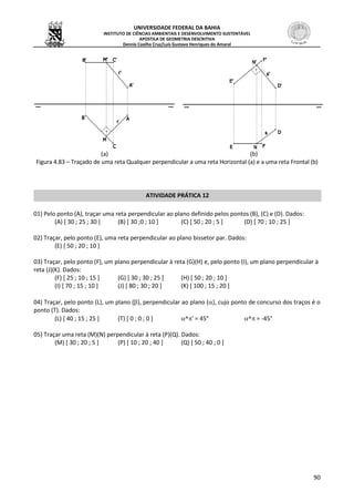 UNIVERSIDADE FEDERAL DA BAHIA
INSTITUTO DE CIÊNCIAS AMBIENTAIS E DESENVOLVIMENTO SUSTENTÁVEL
APOSTILA DE GEOMETRIA DESCRITIVA
Dennis Coelho Cruz/Luís Gustavo Henriques do Amaral
90
(a) (b)
Figura 4.83 – Traçado de uma reta Qualquer perpendicular a uma reta Horizontal (a) e a uma reta Frontal (b)
ATIVIDADE PRÁTICA 12
01) Pelo ponto (A), traçar uma reta perpendicular ao plano definido pelos pontos (B), (C) e (D). Dados:
(A) [ 30 ; 25 ; 30 ] (B) [ 30 ;0 ; 10 ] (C) [ 50 ; 20 ; 5 ] (D) [ 70 ; 10 ; 25 ]
02) Traçar, pelo ponto (E), uma reta perpendicular ao plano bissetor par. Dados:
(E) [ 50 ; 20 ; 10 ]
03) Traçar, pelo ponto (F), um plano perpendicular à reta (G)(H) e, pelo ponto (I), um plano perpendicular à
reta (J)(K). Dados:
(F) [ 25 ; 10 ; 15 ] (G) [ 30 ; 30 ; 25 ] (H) [ 50 ; 20 ; 10 ]
(I) [ 70 ; 15 ; 10 ] (J) [ 80 ; 30 ; 20 ] (K) [ 100 ; 15 ; 20 ]
04) Traçar, pelo ponto (L), um plano (), perpendicular ao plano (), cujo ponto de concurso dos traços é o
ponto (T). Dados:
(L) [ 40 ; 15 ; 25 ] (T) [ 0 ; 0 ; 0 ] ^' = 45° ^ = -45°
05) Traçar uma reta (M)(N) perpendicular à reta (P)(Q). Dados:
(M) [ 30 ; 20 ; 5 ] (P) [ 10 ; 20 ; 40 ] (Q) [ 50 ; 40 ; 0 ]
 