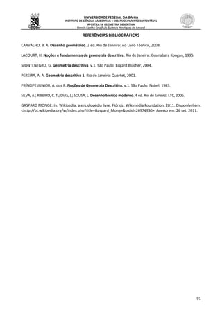 UNIVERSIDADE FEDERAL DA BAHIA
INSTITUTO DE CIÊNCIAS AMBIENTAIS E DESENVOLVIMENTO SUSTENTÁVEL
APOSTILA DE GEOMETRIA DESCRITIVA
Dennis Coelho Cruz/Luís Gustavo Henriques do Amaral
91
REFERÊNCIAS BIBLIOGRÁFICAS
CARVALHO, B. A. Desenho geométrico. 2 ed. Rio de Janeiro: Ao Livro Técnico, 2008.
LACOURT, H. Noções e fundamentos de geometria descritiva. Rio de Janeiro: Guanabara Koogan, 1995.
MONTENEGRO, G. Geometria descritiva. v.1. São Paulo: Edgard Blücher, 2004.
PEREIRA, A. A. Geometria descritiva 1. Rio de Janeiro: Quartet, 2001.
PRÍNCIPE JUNIOR, A. dos R. Noções de Geometria Descritiva. v.1. São Paulo: Nobel, 1983.
SILVA, A.; RIBEIRO, C. T.; DIAS, J.; SOUSA, L. Desenho técnico moderno. 4 ed. Rio de Janeiro: LTC, 2006.
GASPARD MONGE. In: Wikipedia, a enciclopédia livre. Flórida: Wikimedia Foundation, 2011. Disponível em:
<http://pt.wikipedia.org/w/index.php?title=Gaspard_Monge&oldid=26974930>. Acesso em: 26 set. 2011.
 