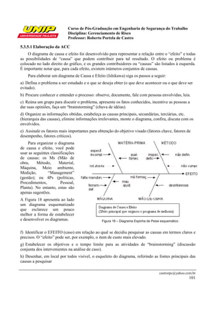 Curso de Pós-Graduação em Engenharia de Segurança do Trabalho
                            Disciplina: Gerenciamento de Risco
                            Professor: Roberto Portela de Castro

5.3.5.1 Elaboração da ACC
    O diagrama de causa e efeito foi desenvolvido para representar a relação entre o “efeito” e todas
as possibilidades de “causa” que podem contribuir para tal resultado. O efeito ou problema é
colocado no lado direito do gráfico, e os grandes contribuidores ou “causas” são listados à esquerda.
É importante notar que, para cada efeito, existem inúmeros conjuntos de causas.
    Para elaborar um diagrama de Causa e Efeito (Ishikawa) siga os passos a seguir:
a) Defina o problema a ser estudado e o que se deseja obter (o que deve acontecer ou o que deve ser
evitado).
b) Procure conhecer e entender o processo: observe, documente, fale com pessoas envolvidas, leia.
c) Reúna um grupo para discutir o problema, apresente os fatos conhecidos, incentive as pessoas a
dar suas opiniões, faça um “brainstorming” (chuva de idéias).
d) Organize as informações obtidas, estabeleça as causas principais, secundárias, terciárias, etc.
(hierarquia das causas), elimine informações irrelevantes, monte o diagrama, confira, discuta com os
envolvidos.
e) Assinale os fatores mais importantes para obtenção do objetivo visado (fatores chave, fatores de
desempenho, fatores críticos).
    Para organizar o diagrama
de causa e efeito, você pode
usar as seguintes classificações
de causas: os Ms (Mão de
obra,     Método,      Material,
Máquina, Meio ambiente,
Medição,        “Management”
(gestão); ou 4Ps (políticas,
Procedimentos,          Pessoal,
Planta). No entanto, estas são
apenas sugestões.
A Figura 18 apresenta ao lado
um diagrama esquematizado
que esclarece um pouco
melhor a forma de estabelecer
e desenvolver os diagramas.                    Figura 18 – Diagrama Espinha de Peixe esquemático


f) Identificar o EFEITO (caso) em relação ao qual se decidiu pesquisar as causas em termos claros e
precisos. O “efeito” pode ser, por exemplo, o item de custo mais elevado.
g) Estabelecer os objetivos e o tempo limite para as atividades de “brainstorming” (discussão
conjunta dos intervenientes na análise de caso).
h) Desenhar, em local por todos visível, o esqueleto do diagrama, referindo as fontes principais das
causas a pesquisar

                                                                                   castrorpc@yahoo.com.br
                                                                                                     101
 