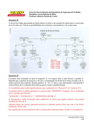 Curso de Pós-Graduação em Engenharia de Segurança do Trabalho
                           Disciplina: Gerenciamento de Risco
                           Professor: Roberto Portela de Castro

Exercício 38
A Árvore de Falhas apresentada na figura abaixo se refere a um secador de cabelo para o evento-topo
do ar frio não sair. Calcule as probabilidades dos elementos intermediários e do evento-topo.




                                                        Resposta:
                                                        P(A1) = 0,0298
                                                        P(A2) = 0,0396
                                                        P(A3) = 0,0587
                                                        P(A4) = 0,0297
                                                        P(A5) = 0,1228




Exercício 39
Considere uma instalação na qual os reagentes A e B reagem entre si para formar o produto C.
Suponha que a química do processo é tal que a concentração de B não deva nunca exceder a de A,
senão ocorreria uma explosão: Reação química: A + B = C. Para o caso apresentado, considerando a
variável Fluxo de A, selecione duas palavras-guia e monte a planilha Hazop.
A é transferido numa vazão especificada (ou seja, o parâmetro é o “fluxo de A” ou “vazão de A”).
O primeiro desvio é obtido aplicando-se a palavra-guia “NENHUM” à intenção. Isto é combinado
com a intenção para fornecer:
“NENHUM” + “FLUXO DE A” = “NENHUM FLUXO DE A”
O fluxograma é então examinado para estabelecer as causas que podem produzir uma parada
completa do fluxo de A.
Algumas destas são causas claramente possíveis e, portanto, pode-se dizer que este é um desvio
importante. Outras, não.
Em seguida, para as causas possíveis deve-se passar para a próxima etapa e avaliar as conseqüências.



                                                                               castrorpc@yahoo.com.br
                                                                                                   105
 