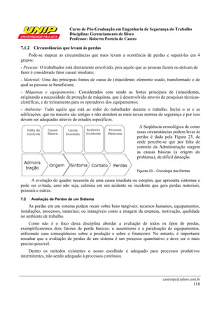 Curso de Pós-Graduação em Engenharia de Segurança do Trabalho
                           Disciplina: Gerenciamento de Risco
                           Professor: Roberto Portela de Castro

7.1.2 Circunstâncias que levam às perdas
    Pode-se mapear as circunstâncias que mais levam a ocorrência de perdas e separá-las em 4
grupos:
- Pessoas: O trabalhador está diretamente envolvido, pois aquilo que as pessoas fazem ou deixam de
fazer é considerado fator causal imediato;
- Material: Uma das principais fontes de causa de (in)acidente; elemento usado, transformado e do
qual as pessoas se beneficiam;
- Máquinas e equipamentos: Considerados com sendo as fontes principais de (in)acidentes,
originando a necessidade de proteção de máquinas, que é desenvolvida através de pesquisas técnicas-
científicas, e de treinamento para os operadores dos equipamentos;
- Ambiente: Tudo aquilo que está ao redor do trabalhador durante o trabalho. Inclui o ar e as
edificações, que na maioria são antigas e não atendem as mais novas normas de segurança e por isso
devem ser adequadas através de estudos específicos.
                                                                 A Seqüência cronológica de como
                                                                essas circunstâncias podem levar às
                                                                perdas é dada pela Figura 23, de
                                                                onde percebe-se que por falta de
                                                                controle da Administração surgem
                                                                as causas básicas (a origem do
                                                                problema), de difícil detecção.


                                                                Figuras 23 – Cronologia das Perdas

     A evolução do quadro necessita de uma causa imediata ou estopim, que apresenta sintomas e
pode ser evitada, caso não seja, culmina em um acidente ou incidente que gera perdas materiais,
pessoais e outras.
7.2   Avaliação de Perdas de um Sistema
     As perdas em um sistema podem recair sobre bens tangíveis: recursos humanos, equipamentos,
instalações, processos, materiais; ou intangíveis como a imagem da empresa, motivação, qualidade
no ambiente de trabalho.
     Como não é o foco desta disciplina abordar a avaliação de todos os tipos de perdas,
exemplificaremos dois fatores de perda básicos: o ausentismo e a paralisação de equipamentos,
enfocando suas conseqüências sobre a produção e sobre o financeiro. No entanto, é importante
ressaltar que a avaliação de perdas de um sistema é um processo quantitativo e deve ser o mais
preciso possível.
     Dentro os métodos existentes o nosso escolhido é adequado para processos produtivos
intermitentes, não sendo adequado à processos contínuos.




                                                                                castrorpc@yahoo.com.br
                                                                                                     118
 