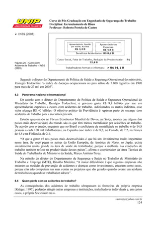 Curso de Pós-Graduação em Engenharia de Segurança do Trabalho
                              Disciplina: Gerenciamento de Risco
                              Professor: Roberto Portela de Castro

      INSS (2003)




Figuras 25 – Custo com
Acidente de Trabalho – INSS
(2003)



    Segundo o diretor do Departamento de Política de Saúde e Segurança Operacional do ministério,
Remígio Todeschini, “o índice de doenças ocupacionais no país saltou de 5.800 registros em 1990
para mais de 27 mil em 2005”.

8.3     Panorama Nacional e Internacional
    De acordo com o diretor do Departamento de Política de Saúde e Segurança Operacional do
Ministério do Trabalho, Remígio Todeschini, o governo gasta R$ 9,8 bilhões por ano em
aposentadorias especiais e custos com acidentes de trabalho. Adicionados os custos indiretos, esse
valor alcança R$ 40 bilhões. O objetivo prático da Previdência é repassar parte do encargo com
acidentes de trabalho para a iniciativa privada.
    Estudo apresentado no Fórum Econômico Mundial de Davos, na Suíça, mostra que alguns dos
países mais desenvolvidos do mundo são os que têm menos mortalidade por acidentes de trabalho.
De acordo com o estudo, enquanto que no Brasil o coeficiente de mortalidade no trabalho é de 14,8
pessoas a cada 100 mil trabalhadores, na Espanha esse índice é de 8,3, no Canadá, de 7,2, na França
de 4,4 e na Finlândia, de 2,1.
     “O que a gente vê nos países mais desenvolvidos é que há um investimento muito importante
nessa área. Se você pegar os países da União Européia, da América do Norte, no Japão, existe
investimento muito grande na área de saúde do trabalhador, porque a melhoria das condições de
trabalho também reflete na produtividade desses países”, afirma o coordenador da Área Técnica de
Saúde do Trabalhador do Ministério da Saúde, Marco Antônio Perez.
     Na opinião do diretor do Departamento de Segurança e Saúde no Trabalho do Ministério do
Trabalho e Emprego (MTE), Rinaldo Marinho, “A maior dificuldade é que algumas empresas não
encaram as medidas de prevenção de acidentes e doenças como investimento, encaram como custo,
porque elas não computam nas suas contas os prejuízos que são gerados quando ocorre um acidente
de trabalho ou quando o trabalhador adoece”.

8.4     Quem perde com os acidentes de trabalho?
    As consequências dos acidentes de trabalho ultrapassam as fronteiras da própria empresa
[Krüger, 1997], podendo atingir outras empresas e instituições, trabalhadores individuais e, em certos
casos, a própria Sociedade em si.
                                                                                castrorpc@yahoo.com.br
                                                                                                  124
 