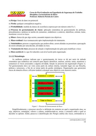 Curso de Pós-Graduação em Engenharia de Segurança do Trabalho
                            Disciplina: Gerenciamento de Risco
                            Professor: Roberto Portela de Castro

m) Perigo: fonte de dano em potencial.
n) Perda: qualquer conseqüência negativa.
o) Probabilidade: medida da chance de ocorrência expressa por um número entre 0 e 1.
p) Processo de gerenciamento de riscos: aplicação sistemática de gerenciamento de políticas,
procedimentos e práticas às tarefas de comunicar, estabelecer o contexto, identificar, estimar, tratar,
monitorar e rever os riscos.
q) Risco: chance de que algo ocorra, causando impacto nos objetivos.
r) Risco residual: risco remanescente após implementação do tratamento.
s) Stakeholders: pessoas e organizações que podem afetar, serem afetadas ou possuírem a percepção
de serem afetadas por uma decisão, atividade ou risco.
t) Tratamento do risco: processo de seleção e implementação de ações para modificar o risco.
u) Risco aceitável: é o que foi reduzido a um nível aceito pela organização.

2.1.2.2 Metodologia
     As melhores práticas indicam que o gerenciamento de riscos se dá por meio de método
sistemático que estabelece um contexto para depois identificar, analisar, estimar, tratar, monitorar e
comunicar os riscos associados a alguma atividade, função ou processo da organização (Figura 1).
Tal gerenciamento deve ser visto como parte da cultura interna, tomando lugar em sua filosofia,
práticas e processos, a fim de se tornar parte da gestão estratégica. Organizações que gerenciam
riscos de maneira eficaz e eficiente tendem a alcançar seus objetivos com menores custos.




                               Figura 1 – Processo de Gerenciamento de Risco
     Simplificadamente, o processo envolve a definição do contexto no qual a organização atua, ou
seja, objetivos, estratégias, valores e cultura, estabelecendo-se, assim, a estrutura sobre a qual as
decisões se apóiam. Então, passa-se à identificação dos Perigos análise dos riscos, estimando-se a


                                                                                 castrorpc@yahoo.com.br
                                                                                                    14
 