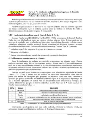 Curso de Pós-Graduação em Engenharia de Segurança do Trabalho
                            Disciplina: Gerenciamento de Risco
                            Professor: Roberto Portela de Castro

    As três etapas obedecem a uma ordem cronológica de atuação dentro de um ciclo de observação.
A identificação das causas e o seu controle são medidas preventivas. Já a redução de perdas é uma
medida mitigadora, uma vez que, o acidente ocorreu.
    Na identificação das causas os métodos de 1 a 8 devem ser feitos antes do acidente, logo antes
das perdas acontecerem. Após o acidente, deve-se tomar as medidas de redução de perdas e
identificar as causas através da investigação de (in)acidentes .

9.2.3 Implantação de um Programa de Controle Total de Perdas
     Segundo Fletcher apud DE CICCO e FANTAZZINI (1986), um programa de Controle Total de
Perdas deve ser idealizado de modo que venha a eliminar todas as fontes de interrupção de um
processo de produção, quer resultando em lesão, dano à propriedade, incêndio, explosão, roubo,
vandalismo, sabotagem, poluição ambiental, doença ocupacional ou defeito do produto, e segundo
ele os três passos básicos para a implantação de um programa de Controle Total de Perdas são:
  estabelecer o perfil dos programas de prevenção existentes na empresa;
  determinar prioridades e;
  elaborar planos de ação para controle das perdas reais e potenciais do sistema.
a) Perfil dos programas de prevenção existentes
     Antes da implantação de qualquer novo método ou programa, um primeiro passo é buscar
conhecer o que está sendo feito na empresa neste sentido e de que maneira. É necessário pesquisar
quais são as reais necessidades da empresa. Se já existe algum programa em andamento, analisar se o
mesmo está sendo realizado de forma correta e eficaz. Isto é possível através do estabelecimento dos
perfis dos programas de prevenção existentes.
     Para que um perfil possa fornecer de forma adequada estas informações, segundo DE CICCO e
FANTAZZINI (1986), o mesmo deve ser dividido em seções que contenham os vários itens ou
pontos que possam ser abrangidos pelo programa de prevenção. Para estes itens, formulam-se
questões, que quando respondidas irão permitir determinar o grau de execução ou de implantação em
que se encontra o programa sob análise. Para isto é necessário adotar uma escala de avaliação, que
permite determinar até que grau o item foi implantado e quão efetivo ele é. A escala sugerida por
Fletcher é apresentada na Tabela 13.
 GRAU        ESCALA                                       DESCRIÇÃO
   5        Excelente                     Totalmente implantado e totalmente efetivo
   4          Bom                           Satisfatoriamente implantado e efetivo
   3         Regular                        Implantado, mas não satisfatoriamente
   2          Fraco      Parcialmente implantado, mas não satisfatoriamente, existem pontos a melhorar
   1      Insatisfatório          Algumas tentativas foram feitas, mas sem implantação efetiva
   0       Inexistente                           Nada foi feito até o momento.
               Tabela 13 – Escala sugerida por Fletcher para avaliação do programa de segurança

    Estabelecida a escala pode-se, para cada seção analisada, determinar a pontuação obtida, que
representa a situação atual da empresa em termos de desempenho nesta seção.


                                                                                         castrorpc@yahoo.com.br
                                                                                                           144
 