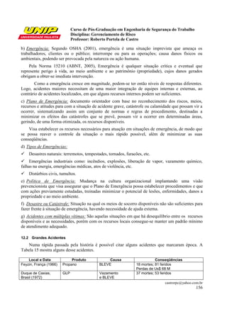 Curso de Pós-Graduação em Engenharia de Segurança do Trabalho
                              Disciplina: Gerenciamento de Risco
                              Professor: Roberto Portela de Castro

b) Emergência: Segundo OSHA (2001), emergência é uma situação imprevista que ameaça os
trabalhadores, clientes ou o público; interrompe ou para as operações; causa danos físicos ou
ambientais, podendo ser provocada pela natureza ou ação humana.
    Pela Norma 15210 (ABNT, 2005), Emergência é qualquer situação crítica e eventual que
represente perigo à vida, ao meio ambiente e ao patrimônio (propriedade), cujos danos gerados
obrigam a obter-se imediata intervenção.
       Como a emergência cresce em magnitude, podem-se ter então níveis de respostas diferentes.
Logo, acidentes maiores necessitam de uma maior integração de equipes internas e externas, ao
contrário de acidentes localizados, em que alguns recursos internos podem ser suficientes.
c) Plano de Emergência: documento orientador com base no reconhecimento dos riscos, meios,
recursos e atitudes para com a situação de acidente grave, catástrofe ou calamidade que possam vir a
ocorrer, sistematizando assim um conjunto de normas e regras de procedimento, destinadas a
minimizar os efeitos das catástrofes que se prevê, possam vir a ocorrer em determinadas áreas,
gerindo, de uma forma otimizada, os recursos disponíveis.
    Visa estabelecer os recursos necessários para atuação em situações de emergência, de modo que
se possa reaver o controle da situação o mais rápido possível, além de minimizar as suas
conseqüências.
d) Tipos de Emergências:
    Desastres naturais: terremotos, tempestades, tornados, furacões, etc.
     Emergências industriais como: incêndios, explosões, liberação de vapor, vazamento químico,
falhas na energia, emergências médicas, atos de violência, etc.
    Distúrbios civis, tumultos.
e) Política de Emergência: Mudança na cultura organizacional implantando uma visão
prevencionista que visa assegurar que o Plano de Emergência possa estabelecer procedimentos e que
com ações previamente estudadas, treinadas minimizar o potencial de lesões, enfermidades, danos a
propriedade e ao meio ambiente.
f) Desastre ou Catástrofe: Situação na qual os meios de socorro disponíveis não são suficientes para
fazer frente à situação de emergência, havendo necessidade de ajuda externa.
g) Acidentes com múltiplas vítimas: São aquelas situações em que há desequilíbrio entre os recursos
disponíveis e as necessidades, porém com os recursos locais consegue-se manter um padrão mínimo
de atendimento adequado.

12.2 Grandes Acidentes
    Numa rápida passada pela história é possível citar alguns acidentes que marcaram época. A
Tabela 15 mostra alguns desse acidentes.

    Local e Data             Produto             Causa                      Conseqüências
Feyzin, França (1966)   Propano             BLEVE                18 mortes; 81 feridos
                                                                 Perdas de Us$ 68 M
Duque de Caxias,        GLP                 Vazamento            37 mortes; 53 feridos
Brasil (1972)                               e BLEVE
                                                                                castrorpc@yahoo.com.br
                                                                                                  156
 