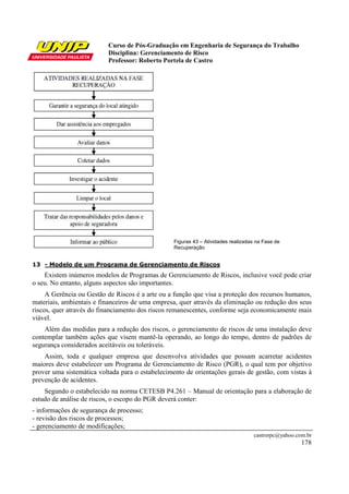 Curso de Pós-Graduação em Engenharia de Segurança do Trabalho
                          Disciplina: Gerenciamento de Risco
                          Professor: Roberto Portela de Castro




                                                  Figuras 43 – Atividades realizadas na Fase de
                                                  Recuperação


13 - Modelo de um Programa de Gerenciamento de Riscos
    Existem inúmeros modelos de Programas de Gerenciamento de Riscos, inclusive você pode criar
o seu. No entanto, alguns aspectos são importantes.
     A Gerência ou Gestão de Riscos é a arte ou a função que visa a proteção dos recursos humanos,
materiais, ambientais e financeiros de uma empresa, quer através da eliminação ou redução dos seus
riscos, quer através do financiamento dos riscos remanescentes, conforme seja economicamente mais
viável.
    Além das medidas para a redução dos riscos, o gerenciamento de riscos de uma instalação deve
contemplar também ações que visem mantê-la operando, ao longo do tempo, dentro de padrões de
segurança considerados aceitáveis ou toleráveis.
    Assim, toda e qualquer empresa que desenvolva atividades que possam acarretar acidentes
maiores deve estabelecer um Programa de Gerenciamento de Risco (PGR), o qual tem por objetivo
prover uma sistemática voltada para o estabelecimento de orientações gerais de gestão, com vistas à
prevenção de acidentes.
    Segundo o estabelecido na norma CETESB P4.261 – Manual de orientação para a elaboração de
estudo de análise de riscos, o escopo do PGR deverá conter:
- informações de segurança de processo;
- revisão dos riscos de processos;
- gerenciamento de modificações;
                                                                                    castrorpc@yahoo.com.br
                                                                                                      178
 