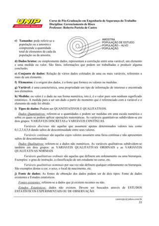 Curso de Pós-Graduação em Engenharia de Segurança do Trabalho
                          Disciplina: Gerenciamento de Risco
                          Professor: Roberto Portela de Castro


                                                 a)
   b)




c) Tamanho: pode referir-se a                                       AMOSTRA
                                                                    POPULAÇÃO DE ESTUDO
   população ou a amostra e                                         POPULAÇÃO – ALVO
   compreende a quantidade                                          POPULAÇÃO
   total de elementos de cada da
   população ou da amostra.
d) Dados brutos: ou simplesmente dados, representam a correlação entre uma variável, um elemento
e uma medida ou valor. São fatos, informações que podem ser trabalhadas e produzir alguma
conclusão.
e) Conjunto de dados: Relação de vários dados coletados de uma ou mais variáveis, referentes a
mais de um elemento.
f) Elementos: é a origem dos dados, é a fonte que fornece os valores ou medidas.
g) Variável: é uma característica, uma propriedade um tipo de informação de interesse e encontrada
nos elementos.
h) Medida: ou valor é o dado na sua forma numérica, isto é, é o valor puro sem nenhum significado
estatístico. A medida para a ser um dado a partir do momento que é referenciado com a variável e o
elemento de onde foi obtido.
i) Tipos de dados: Podem ser QUANTITATIVOS E QUALITATIVOS.
   Dados Quantitativos: referem-se a quantidades e podem ser medidas em uma escala numérica e
sobre os quais se podem aplicar operações matemáticas. As variáveis quantitativas subdividem-se em
dois grupos: VARIÁVEIS DISCRETAS e VARIÁVEIS CONTÍNUAS.
        Variáveis discretas são aquelas que assumem apenas determinados valores tais como
0,1,2,3,4,5,6 dando saltos de descontinuidade entre seus valores.
        Variáveis contínuas são aquelas cujos valores assumem uma faixa contínua e não apresentam
saltos de descontinuidade.
   Dados Qualitativos: referem-se a dados não numéricos. As variáveis qualitativas subdividem-se
também em dois grupos: as VARIÁVEIS QUALITATIVAS ORDINAIS e as VARIÁVEIS
QUALITATIVAS NORMAIS
     Variáveis qualitativas ordinais são aquelas que definem um ordenamento ou uma hierarquia.
Exemplos: o grau de instrução, a classificação de um estudante no curso, etc.
       Variáveis qualitativas nominais por sua vez não definem qualquer ordenamento ou hierarquia.
São exemplos destas a cor, o sexo, o local de nascimento, etc.
j) Fonte de dados: As fontes de obtenção dos dados podem ser de dois tipos: Fonte de dados
existentes e Estudos estatísticos.
  Fontes existentes: referem-se a dados que já existem recentes ou não.
  Estudos Estatísticos: dados não existem. Devem ser buscados através de ESTUDOS
ESTATÍSTICOS EXPERIMENTAIS OU DE OBSERVAÇÃO.

                                                                              castrorpc@yahoo.com.br
                                                                                                 35
 