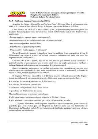 Curso de Pós-Graduação em Engenharia de Segurança do Trabalho
Disciplina: Gerenciamento de Risco
Professor: Roberto Portela de Castro
castrorpc@yahoo.com.br
100
5.3.5 Análise de Causas e Conseqüências (ACC)
A Análise das Causas e Conseqüências (AAC) ou Causa e Efeito de falhas se utiliza das mesmas
técnicas de construção da Análise da Árvore de Eventos e da Análise da Árvore de Falhas.
Como descrito em HENLEY e KUMAMOTO (1981), o procedimento para construção de um
diagrama de conseqüências inicia por um evento inicial, posteriormente cada evento desenvolvido é
questionado:
- Em que condições o evento induz a outros eventos?;
- Quais as alternativas ou condições que levam a diferentes eventos?;
- Que outros componentes o evento afeta?
- Ele afeta mais do que um componente?;
- Quais os outros eventos que este evento causa?
De acordo com estes autores, "a tecnologia causa-conseqüência é um casamento da árvore de
falhas (mostra as causas) e a árvore de eventos (mostra as conseqüências), todas elas tendo sua
seqüência natural de ocorrência".
Conforme DE CICCO (1989), trata-se de uma técnica que permite avaliar qualitativa e
quantitativamente as conseqüências dos eventos catastróficos de ampla repercussão e verificar a
vulnerabilidade do meio ambiente, da comunidade e de terceiros em geral.
O processo consiste, sucintamente, em escolher um evento crítico, partindo-se para um lado, com
a discretização das conseqüências e para outro, determinando as causas. A estruturação, a exemplo da
árvore de falhas, também é feita através de símbolos.
O Diagrama ACC mais conhecido é o de Ishikawa também conhecido como espinha de peixe
devido à semelhança de sua representação gráfica. O diagrama apresenta como pontos fortes:
é uma boa ferramenta de levantamento de direcionadores.
é uma boa ferramenta de comunicação.
estabelece a relação entre o efeito e suas causas.
possibilita um detalhamento das causas.
Mas, também apresenta os seguintes pontos fracos:
não apresenta os eventuais relacionamentos entre as diferentes causas.
não focaliza necessariamente as causas que devem efetivamente ser atacadas.
O Diagrama de Ishikawa tem hoje grande importância como ferramenta de gerenciamento da
qualidade, pois pode evoluir para um Diagrama de Relações (uma das sete ferramentas do
Planejamento da Qualidade ou Sete Novas Ferramentas da Qualidade) que já apresenta uma estrutura
mais complexa, não hierárquica.
 