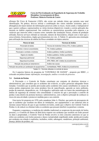 Curso de Pós-Graduação em Engenharia de Segurança do Trabalho
Disciplina: Gerenciamento de Risco
Professor: Roberto Portela de Castro
castrorpc@yahoo.com.br
122
afirmam De Cicco & Fantazzini (1985), não existe um método ótimo que permita uma total
identificação. Na prática, deve-se utilizar a combinação dos vários métodos existentes, para a
abrangência do maior número de informações possíveis sobre os riscos. Assim sendo, é indispensável
que o gestor conheça e operacionalize as várias técnicas disponíveis visando a correta aplicação das
mesmas no âmbito organizacional. Isto conforme as características possuídas pela empresa e as
variáveis que intervém sobre a mesma como: tamanho das instalações físicas, sistema de produção
utilizado, bens/ou serviços ofertado ao mercado, número de funcionários, relação com o meio que a
cerca (clientes, fornecedores, órgãos governamentais etc.) etc. A Tabela 12, apresenta uma orientação
para utilização das técnicas de análise de Risco estudadas em tópico anterior.
Planos de Ação Técnicas de Análise
Prevenção de lesões Técnica de Incidentes Críticos (TIC), Análise qualitativa
Acidentes c/ danos à propriedades TIC, Análise qualitativa
Prevenção e combate a incêndios Análise qualitativa, Análise quantitativa
Higiene do trabalho Análise qualitativa, Análise quantitativa
Segurança patrimonial TIC, Análise qualitativa
Segurança do produto APR, FMEA, AAF, Análise de procedimentos
Redução das perdas por absenteísmo Análise das causas
Redução das perdas por paralisação de equipamentos Confiabilidade, FMEA, Análise de procedimentos
Tabela 12 – Técnicas utilizadas no controle de danos
Os 4 aspectos básicos do programa de “CONTROLE DE DANOS” , proposto por BIRD , e
colocado em prática foram: informação, investigação, análise e revisão do processo.
7.4 Controle de Perdas
A Prevenção e o Controle de Perdas constituem um conjunto de diretrizes técnicas e
administrativas, que considera que os acidentes são evitáveis, se ações gerenciais adequadas forem
tomadas. Considera que as perdas provocadas pelos acidentes têm causas semelhantes ás causas de
outras perdas empresariais tais como produtos fora de especificação, agressão ao meio ambiente,
perdas de materiais, desperdícios, etc. A divulgação e aplicação cada vez maior das metodologias de
análise de segurança de sistemas vêm consolidando o conceito de que a prevenção e controle de
perdas é uma diretriz de posturas técnicas e administrativas, com o objetivo principal de conhecer os
riscos de uma atividade e promover medidas para o seu controle.
Esta teoria foi proposta em 1970, pelo canadense John A. Fletcher, que partiu do pressuposto de
que os acidentes que resultam em danos às instalações, aos equipamentos e aos materiais têm as
mesmas causas básicas do que os que resultam em lesões, sendo que o objetivo do Controle Total de
Perdas é o de reduzir ou eliminar todos os acidentes que possam interferir ou paralisar o sistema.
Enquanto a segurança e a medicina do trabalho tradicional se ocupavam da prevenção de lesões
pessoais, e o Controle de Danos de Bird dizia respeito aos acidentes que resultem em lesão pessoal
ou dano à propriedade, o Controle Total de Perdas envolve os dois conceitos anteriores no que se
refere aos acidentes com lesões pessoais e danos à propriedade englobando ainda: perdas provocadas
por acidentes em relação à explosões, incêndios, roubo, sabotagem, vandalismo, poluição ambiental,
doença, defeito do produto, etc.
 