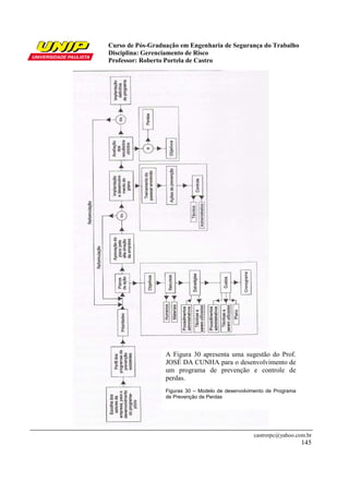 Curso de Pós-Graduação em Engenharia de Segurança do Trabalho
Disciplina: Gerenciamento de Risco
Professor: Roberto Portela de Castro
castrorpc@yahoo.com.br
145
A Figura 30 apresenta uma sugestão do Prof.
JOSÉ DA CUNHA para o desenvolvimento de
um programa de prevenção e controle de
perdas.
Figuras 30 – Modelo de desenvolvimento de Programa
de Prevenção de Perdas
 
