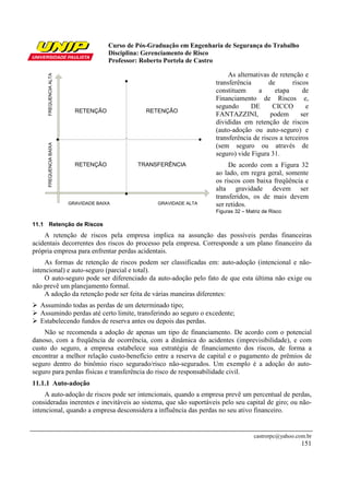 Curso de Pós-Graduação em Engenharia de Segurança do Trabalho
Disciplina: Gerenciamento de Risco
Professor: Roberto Portela de Castro
castrorpc@yahoo.com.br
151
GRAVIDADE BAIXA GRAVIDADE ALTA
FREQUENCIABAIXAFREQUENCIAALTA
TRANSFERÊNCIA
RETENÇÃORETENÇÃO
RETENÇÃO
As alternativas de retenção e
transferência de riscos
constituem a etapa de
Financiamento de Riscos e,
segundo DE CICCO e
FANTAZZINI, podem ser
divididas em retenção de riscos
(auto-adoção ou auto-seguro) e
transferência de riscos a terceiros
(sem seguro ou através de
seguro) vide Figura 31.
De acordo com a Figura 32
ao lado, em regra geral, somente
os riscos com baixa freqüência e
alta gravidade devem ser
transferidos, os de mais devem
ser retidos.
Figuras 32 – Matriz de Risco
11.1 Retenção de Riscos
A retenção de riscos pela empresa implica na assunção das possíveis perdas financeiras
acidentais decorrentes dos riscos do processo pela empresa. Corresponde a um plano financeiro da
própria empresa para enfrentar perdas acidentais.
As formas de retenção de riscos podem ser classificadas em: auto-adoção (intencional e não-
intencional) e auto-seguro (parcial e total).
O auto-seguro pode ser diferenciado da auto-adoção pelo fato de que esta última não exige ou
não prevê um planejamento formal.
A adoção da retenção pode ser feita de várias maneiras diferentes:
Assumindo todas as perdas de um determinado tipo;
Assumindo perdas até certo limite, transferindo ao seguro o excedente;
Estabelecendo fundos de reserva antes ou depois das perdas.
Não se recomenda a adoção de apenas um tipo de financiamento. De acordo com o potencial
danoso, com a freqüência de ocorrência, com a dinâmica do acidentes (imprevisibilidade), e com
custo do seguro, a empresa estabelece sua estratégia de financiamento dos riscos, de forma a
encontrar a melhor relação custo-benefício entre a reserva de capital e o pagamento de prêmios de
seguro dentro do binômio risco segurado/risco não-segurados. Um exemplo é a adoção do auto-
seguro para perdas físicas e transferência do risco de responsabilidade civil.
11.1.1 Auto-adoção
A auto-adoção de riscos pode ser intencionais, quando a empresa prevê um percentual de perdas,
consideradas inerentes e inevitáveis ao sistema, que são suportáveis pelo seu capital de giro; ou não-
intencional, quando a empresa desconsidera a influência das perdas no seu ativo financeiro.
 