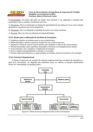 Curso de Pós-Graduação em Engenharia de Segurança do Trabalho
Disciplina: Gerenciamento de Risco
Professor: Roberto Portela de Castro
castrorpc@yahoo.com.br
159
b) Flexibilidade. Um plano não pode ser rígido. Deve permitir a sua adaptação a situações não
coincidentes com os cenários inicialmente previstos.
c) Dinamismo. Deve ser atualizado em função do aprofundamento da análise de riscos e da evolução
quantitativa e qualitativa dos meios disponíveis.
d) Adequação. Deve ser adequado à realidade da escola e aos meios existentes.
e) Precisão. Deve ser claro na atribuição de responsabilidades.
12.3.5 Razões para a elaboração de um Plano de Emergência
Estabelece cenários de acidentes para os riscos identificados.
Define princípios, normas e regras de atuação face aos cenários possíveis.
Organiza os meios de socorro e prevê missões que competem a cada um dos intervenientes.
Permite desencadear ações oportunas, destinadas a minimizar as conseqüências do sinistro.
Evita confusões, erros, atropelos e a duplicação de atuações.
Prevê e organiza antecipadamente a atuação e a evacuação.
Permite rotinar procedimentos, os quais poderão ser testados, através de exercícios de simulação.
12.3.6 Estrutura Organizacional
A Figura 34 apresenta um exemplo de estrutura organizacional para um plano de emergência, a
qual deve, obviamente, ser adaptada para diferentes casos; no entanto, as funções apresentadas
devem ser contempladas em qualquer plano.
Figuras 34 – Modelo de Estrutura Organizacional de um Plano de Emergência
 
