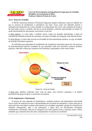 Curso de Pós-Graduação em Engenharia de Segurança do Trabalho
Disciplina: Gerenciamento de Risco
Professor: Roberto Portela de Castro
castrorpc@yahoo.com.br
160
12.3.7 Zonas de Trabalho
A AIChE (American Institute of Chemical Engineers) propõe estabelecer zonas de trabalho em
que os serviços de atendimento à emergência vão atuar. Essas zonas são definidas durante a
estimação das dimensões do evento, baseado no conhecimento dos riscos, das condições de tempo e
do local onde ocorreu o acidente. São três as zonas definidas, conforme representadas na Figura 35,
sendo denominadas de zona quente, zona morna e zona fria.
a) Zona Quente: é a área onde o acidente ocorre, sendo seu tamanho determinado a partir da
estimação do tamanho da perda de contenção e de quais atividades de mitigação serão desenvolvidas.
b) Zona Morna: é a área onde ocorrem as atividades de descontaminação química, ou seja, atividades
de remoção de produtos químicos.
Os indivíduos que participam do atendimento da emergência necessitam passar por um processo
de descontaminação química resultante da sua exposição, onde será necessário remover produtos
químicos, além das vitimas que surgirem com ferimentos, queimaduras, entre outras lesões.
Figuras 35 – Zonas de Trabalho
c) Zona fria: também conhecida como zona de apoio, deve oferecer segurança e só podem
permanecer do grupo de apoio e consultores necessários.
12.3.8 Implantação e Manutenção
O sucesso de uma operação de atendimento a acidentes maiores está intimamente relacionado
com as ações de resposta previstas e desencadeadas por um plano de emergência. Assim, para que as
ações previstas num plano resultem efetivamente nos resultados esperados, quando da ocorrência de
situações emergenciais; após a sua elaboração, o plano deve ser devidamente divulgado,
internamente à instituição, além de ser integrado com outros planos locais e regionais, junto a outras
entidades que certamente deverão atuar conjuntamente na resposta aos acidentes.
 