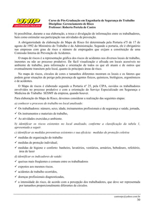 Curso de Pós-Graduação em Engenharia de Segurança do Trabalho
Disciplina: Gerenciamento de Risco
Professor: Roberto Portela de Castro
castrorpc@yahoo.com.br
30
b) possibilitar, durante a sua elaboração, a troca e divulgação de informações entre os trabalhadores,
bem como estimular sua participação nas atividades de prevenção.
A obrigatoriedade da elaboração do Mapa de Risco foi determinada pela Portaria nº5 de 17 de
agosto de 1992 do Ministério do Trabalho e da Administração. Segundo a portaria, ele é obrigatório
nas empresas com grau de risco e número de empregados que exijam a constituição de uma
Comissão Interna de Prevenção de Acidentes.
O mapa de riscos é a representação gráfica dos riscos de acidentes nos diversos locais de trabalho,
inerentes ou não ao processo produtivo. De fácil visualização e afixada em locais acessíveis no
ambiente de trabalho, para informação e orientação de todos os que ali atuam e de outros que
eventualmente transitem pelo local, quanto às principais áreas de risco.
No mapa de riscos, círculos de cores e tamanhos diferentes mostram os locais e os fatores que
podem gerar situações de perigo pela presença de agentes físicos, químicos, biológicos, ergonômicos
e de acidentes.
O Mapa de riscos é elaborado segundo a Portaria nº 25, pela CIPA, ouvidos os trabalhadores
envolvidos no processo produtivo e com a orientação do Serviço Especializado em Segurança e
Medicina do Trabalho SESMT da empresa, quando houver.
Para elaboração do Mapa de Risco, devemos considerar a realização das seguintes etapas:
a) conhecer o processo de trabalho no local analisado:
Os trabalhadores: número, sexo, idade, treinamentos profissionais e de segurança e saúde, jornada,
Os instrumentos e materiais de trabalho,
As atividades exercidas,o ambiente.
b) identificar os riscos existentes no local analisado, conforme a classificação da tabela 1,
apresentada a seguir.
c) identificar as medidas preventivas existentes e sua eficácia: medidas de proteção coletiva
medidas de organização do trabalho
medidas de proteção individual;
medidas de higiene e conforto: banheiro, lavatórios, vestiários, armários, bebedouro, refeitório,
área de lazer
d) identificar os indicadores de saúde:
queixas mais freqüentes e comuns entre os trabalhadores
expostos aos mesmos riscos.
acidentes de trabalho ocorridos,
doenças profissionais diagnosticadas,
a intensidade do risco, de acordo com a percepção dos trabalhadores, que deve ser representada
por tamanhos proporcionalmente diferentes de círculos.
 