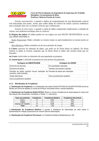 Curso de Pós-Graduação em Engenharia de Segurança do Trabalho
Disciplina: Gerenciamento de Risco
Professor: Roberto Portela de Castro
castrorpc@yahoo.com.br
37
Estudos experimentais: é quando a análise de comportamento de uma determinada variável
está relacionada com outras. Assim, para colher dados da variável de estudo é preciso estabelecer
uma correlação entre ela e as demais variáveis que a influenciam.
Estudos de observação: é quando a coleta de dados compreende simplesmente a medição de
valores, sem nenhuma correlação entre as variáveis.
k) Origem dos dados: Os dados podem ter sua origem em uma SEÇÃO TRANSVERSAL ou em
uma SÉRIE HISTÓRICA.
Seção Transversal: Dados coletados ao mesmo tempo ou aproximadamente no mesmo ponto no
tempo.
Série Histórica: Dados coletados em diversos períodos do tempo.
l) Coleta: processo de obtenção de dados, que pode ser de forma direta ou indireta. Na forma
indireta os dados já existem, enquanto que na forma direta os dados não existem tendo que ser
buscados.
m) Censo: inclui todos os elementos de uma população na pesquisa.
n) Amostragem: é utilizada na pesquisa de uma amostra da população.
Vantagens da AMOSTRAGEM Vantagens do CENSO
Economia de recursos Em populações reduzidas
Economia de tempo Tamanho da amostra é grande
Precisão de dados (quando houver restrições de
recursos, custo e tempo)
Precisão de dados sem restrições
Testes destrutivos Único procedimento aceitável
Único procedimento aceitável
4.1.2 Distribuição de Freqüência
a) Distribuição de Freqüência: é a sintetização dos dados QUALITATIVOS OU QUANTITATIVOS de forma
tabular (em forma de tabelas) no intuito de fornecer conclusões sobre o estudo estatístico.
b) Distribuição de Freqüência QUALITATIVA: Mostra o número (freqüência) de observações em cada uma
das classes não sobrepostas. Considere a Tabela 1.1, nela temos:
Tipos de acidentes Freqüência Freqüência Relativa Freqüência Percentual
Típico 5 0,20 20%
Trajeto 3 0,12 12%
Doença do Trabalho 17 0,68 68%
Total 25 1,00 100%
c) Distribuição de Freqüência Relativa: é quando a freqüência de observação de cada classe é
apresentada em relação proporcional ao número total de observações.
d) Distribuição de Freqüência Percentual: é a Freqüência Relativa Multiplicada por 100.
 