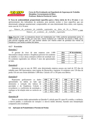 Curso de Pós-Graduação em Engenharia de Segurança do Trabalho
Disciplina: Gerenciamento de Risco
Professor: Roberto Portela de Castro
castrorpc@yahoo.com.br
48
f) Taxa de acidentalidade proporcional específica para a faixa etária de 16 a 34 anos: é um
aprimoramento dos indicadores de acidentes, pois permite avaliar o risco específico que um
determinado subgrupo populacional, compreendido em uma determinada faixa etária, está exposto,
neste caso de 16 a 34 anos.
000.1
_____
34__16_________
x
sregistradotrabalhodeacidentesdeNúmero
anosadefaixanasregistradotrabalhodeacidentesdeNúmero
IAT =
Nota: Segundo a OIT, os indicadores devem ser multiplicados por 1.000, conforme apresentado acima. A
ABNT através da NBR 14.280, por outro lado, orienta multiplicar por 1.000.000. No entanto o INSS, optou
pela fórmula sugerida pela OIT, que fornece valores com mesma ordem de grandeza dos índices de
freqüência o que facilita a análise dos dados.
4.1.7 Exercícios
Exercício 7
O gerente de risco de uma empresa com 1.000
funcionários deseja estimar a freqüência provável de acidentes
do trabalho e o risco dessa estimativa diferir do resultado real.
Os acidentes registrados nos últimos 5 anos são apresentados
ao lado.
Ano Nº de acidentes
2001 10
2002 08
2003 12
2004 13
2005 07
Exercício 8
Sabendo-se que no ano de 2003, uma determinada empresa acusou um total de 235 dias de
trabalho para 500 funcionários, num regime de 8horas/dia e registrou 16 acidentes com 120 dias de
perda. Em um caso foram debitados 1.800 dias. Calcule o IF e o IG para essa fábrica.
Exercício 9
Represente graficamente os dados
apresentados na tabela ao lado que
demonstra a variação dos índices de
gravidade e de freqüência. Calcule a
covariância e o coeficiente de correlação e
explique se há relação entre as variáveis ou
não.
mês IF IG mês IF IG
Jan 21,4 340 Jul 16,0 850
Fev 30,5 1200 Ago 19,5 1400
Mar 25,0 800 Set 20,5 720
Abr 19,0 800 Out 22,6 300
Mai 20,0 1000 Nov 19,2 800
Jun 18,0 950 Dez 16,0 940
Exercício 10
Para os mesmos dados apresentados na Questão 9, calcule para IF e para IG a média, a variância,
o desvio padrão, o coeficiente de variação e o desvio médio absoluto, fazendo uma interpretação
comparativa dos resultados.
4.2 Aplicação da Probabilidade á Previsão de Perdas
 