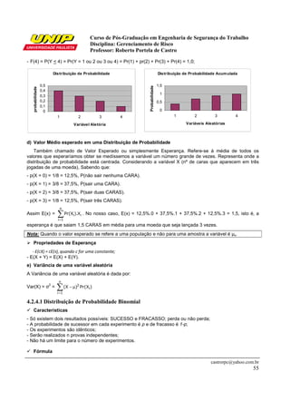 Curso de Pós-Graduação em Engenharia de Segurança do Trabalho
Disciplina: Gerenciamento de Risco
Professor: Roberto Portela de Castro
castrorpc@yahoo.com.br
55
- F(4) = P(Y < 4) = Pr(Y = 1 ou 2 ou 3 ou 4) = Pr(1) + pr(2) + Pr(3) + Pr(4) = 1,0;
Distribuição de Probabilidade
0
0,1
0,2
0,3
0,4
0,5
1 2 3 4
Variável Aletória
probabilidade
Distribuição de Probabilidade Acumulada
0
0,5
1
1,5
1 2 3 4
Variáveis Aleatórias
Probabilidade
d) Valor Médio esperado em uma Distribuição de Probabilidade
Também chamado de Valor Esperado ou simplesmente Esperança. Refere-se à média de todos os
valores que esperaríamos obter se medíssemos a variável um número grande de vezes. Representa onde a
distribuição de probabilidade está centrada. Considerando a variável X (nº de caras que aparecem em três
jogadas de uma moeda), Sabendo que:
- p(X = 0) = 1/8 = 12,5%, P(não sair nenhuma CARA).
- p(X = 1) = 3/8 = 37,5%, P(sair uma CARA).
- p(X = 2) = 3/8 = 37,5%, P(sair duas CARAS).
- p(X = 3) = 1/8 = 12,5%, P(sair três CARAS).
Assim E(x) = ∑=
n
1i
ii X).XPr( . No nosso caso, E(x) = 12,5%.0 + 37,5%.1 + 37,5%.2 + 12,5%.3 = 1,5, isto é, a
esperança é que saiam 1,5 CARAS em média para uma moeda que seja lançada 3 vezes.
Nota: Quando o valor esperado se refere a uma população e não para uma amostra a variável é µx.
Propriedades de Esperança
- E(CX) = CE(X), quando c for uma constante;
- E(X + Y) = E(X) + E(Y).
e) Variância de uma variável aleatória
A Variância de uma variável aleatória é dada por:
Var(X) = σ
2
= ∑=
µ−
n
1i
i
2
)XPr()X(
4.2.4.1 Distribuição de Probabilidade Binomial
Características
- Só existem dois resultados possíveis: SUCESSO e FRACASSO; perda ou não perda;
- A probabilidade de sucessor em cada experimento é p e de fracasso é 1-p;
- Os experimentos são idênticos;
- Serão realizados n provas independentes;
- Não há um limite para o número de experimentos.
Fórmula
 