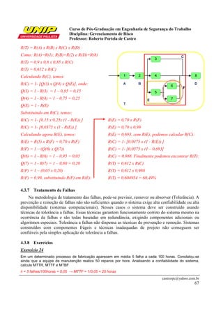Curso de Pós-Graduação em Engenharia de Segurança do Trabalho
Disciplina: Gerenciamento de Risco
Professor: Roberto Portela de Castro
castrorpc@yahoo.com.br
67
R(T) = R(A) x R(B) x R(C) x R(D)
Como: R(A)=R(1); R(B)=R(2) e R(D)=R(8)
R(T) = 0,9 x 0,8 x 0,85 x R(C)
R(T) = 0,612 x R(C)
Calculando R(C), temos:
R(C) = 1- [Q(3) x Q(4) x Q(E)], onde:
Q(3) = 1 - R(3) = 1 – 0,85 = 0,15
Q(4) = 1 - R(4) = 1 – 0,75 = 0,25
Q(E) = 1 - R(E)
Substituindo em R(C), temos:
R(C) = 1- [0,15 x 0,25x (1 - R(E)) ]
R(C) = 1- [0,0375 x (1 - R(E)) ]
Calculando agora R(E), temos:
R(E) = R(5) x R(F) = 0,70 x R(F)
R(F) = 1 – (Q(6) x Q(7))
Q(6) = 1 - R(6) = 1 – 0,95 = 0,05
Q(7) = 1 - R(7) = 1 – 0,80 = 0,20
R(F) = 1 – (0,05 x 0,20)
R(F) = 0,99, substituindo R(F) em R(E):
R(E) = 0,70 x R(F)
R(E) = 0,70 x 0,99
R(E) = 0,693, com R(E), podemos calcular R(C):
R(C) = 1- [0,0375 x (1 - R(E)) ]
R(C) = 1- [0,0375 x (1 – 0,693]
R(C) = 0,988. Finalmente podemos encontrar R(T):
R(T) = 0,612 x R(C)
R(T) = 0,612 x 0,988
R(T) = 0,604954 = 60,49%
4.3.7 Tratamento de Falhas
Na metodologia de tratamento das falhas, pode-se previnir, remover ou absorver (Tolerância). A
prevenção e remoção de falhas não são suficientes quando o sistema exige alta confiabilidade ou alta
disponibilidade (sistemas computacionais). Nesses casos o sistema deve ser construído usando
técnicas de tolerância a falhas. Essas técnicas garantem funcionamento correto do sistema mesmo na
ocorrência de falhas e são todas baseadas em redundância, exigindo componentes adicionais ou
algoritmos especiais. Tolerância a falhas não dispensa as técnicas de prevenção e remoção. Sistemas
construídos com componentes frágeis e técnicas inadequadas de projeto não conseguem ser
confiáveis pela simples aplicação de tolerância a falhas.
4.3.8 Exercícios
Exercício 24
Em um determinado processo de fabricação aparecem em média 5 falha a cada 100 horas. Constatou-se
ainda que a equipe de manutenção realiza 50 reparos por hora. Analisando a confiabilidade do sistema,
calcule MTTR, MTTF e MTBF
λ = 5 falhas/100horas = 0,05 → MTTF = 1/0,05 = 20 horas
F
 