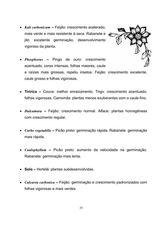 35
• Kali carbonicum – Feijão: crescimento acelerado,
mais verde e mais resistente à seca. Rabanete e
jiló: excelente germinação, desenvolvimento
vigoroso da planta.
• Phosphorus – Pingo de ouro: crescimento
acentuado, cores intensas, folhas maiores, caule
e raízes mais grossas, repeliu insetos. Feijão: crescimento excelente,
caule grosso e folhas vigorosas.
• Tiririca – Couve: melhor enraizamento. Trigo: crescimento acentuado,
folhas vigorosas. Camomila: plantas menos exuberantes com o caule fino.
• Dulcamara – Feijão: crescimento normal. Alface: plantas homogêneas
com crescimento regular.
• Carbo vegetabilis – Picão preto: germinação rápida. Rabanete: germinação
mais rápida.
• Caulophyllum – Picão preto: aumento da velocidade na germinação.
Rabanete: germinação mais lenta.
• Solo – Hortelã: plantas subdesenvolvidas.
• Calcarea carbonica – Feijão: germinação e crescimento padronizados com
folhas vigorosas e mais verdes.
 