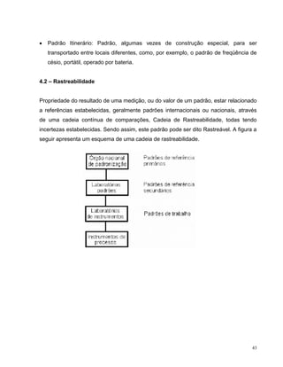    Padrão Itinerário: Padrão, algumas vezes de construção especial, para ser
    transportado entre locais diferentes, como, por exemplo, o padrão de freqüência de
    césio, portátil, operado por bateria.


4.2 – Rastreabilidade


Propriedade do resultado de uma medição, ou do valor de um padrão, estar relacionado
a referências estabelecidas, geralmente padrões internacionais ou nacionais, através
de uma cadeia contínua de comparações, Cadeia de Rastreabilidade, todas tendo
incertezas estabelecidas. Sendo assim, este padrão pode ser dito Rastreável. A figura a
seguir apresenta um esquema de uma cadeia de rastreabilidade.




                                                                                     43
 