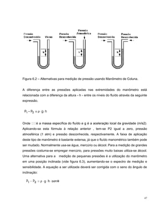 Figura 6.2 – Alternativas para medição de pressão usando Manômetro de Coluna.


A diferença entre as pressões aplicadas nas extremidades do manômetro está
relacionada com a diferença da altura - h - entre os níveis do fluído através da seguinte
expressão.




Onde
Aplicando-se esta fórmula à relação anterior , tem-se P2 igual a zero, pressão
atmosférica (1 atm) e pressão desconhecida, respectivamente. A faixa de aplicação
deste tipo de manômetro é bastante extensa, já que o fluído manométrico também pode
ser mudado. Normalmente usa-se água, mercúrio ou álcool. Para a medição de grandes
pressões costuma-se empregar mercúrio, para pressões muito baixas utiliza-se álcool.
Uma alternativa para a    medição de pequenas pressões é a utilização do manômetro
em uma posição inclinada (vide figura 6.3), aumentando-se o espectro de medição e
sensibilidade. A equação a ser utilizada deverá ser corrigida com o seno do ângulo de
inclinação:




                                                                                       47
 