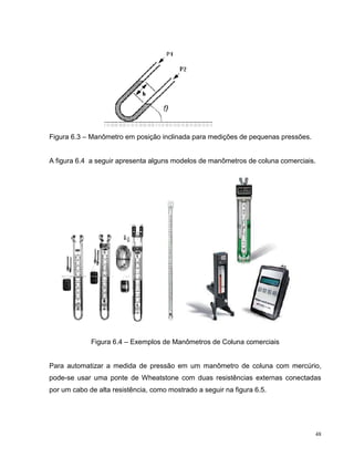 Figura 6.3 – Manômetro em posição inclinada para medições de pequenas pressões.


A figura 6.4 a seguir apresenta alguns modelos de manômetros de coluna comerciais.




             Figura 6.4 – Exemplos de Manômetros de Coluna comerciais


Para automatizar a medida de pressão em um manômetro de coluna com mercúrio,
pode-se usar uma ponte de Wheatstone com duas resistências externas conectadas
por um cabo de alta resistência, como mostrado a seguir na figura 6.5.




                                                                                  48
 