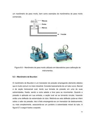 um manômetro de peso morto, bem como exemplos de manômetros de peso morto
comerciais.




  Figura 6.6 – Manômetro de peso morto utilizado em laboratórios para calibração de
                                         instrumentos.


6.3 – Manômetro de Bourdon


O manômetro de Bourdon é um transdutor de pressão empregando elemento elástico
que é muito comum no meio industrial. Consiste basicamente de um tubo curvo, flexível
e de seção transversal oval, tendo sua tomada de pressão em uma de suas
extremidades, fixada, sendo a outra selada e livre para se movimentar. Quando a
pressão é aplicada em sua entrada, a seção oval vai se tornando circular, havendo
então uma deflexão da extremidade do tubo. Medindo-se esta deflexão pode-se inferir
sobre o valor da pressão. Isto é feito empregando-se um transdutor de deslocamento,
ou mais simplesmente, associando-se um ponteiro à extremidade móvel do tubo. A
figura 6.7 a seguir ilustra o exposto.

                                                                                      50
 