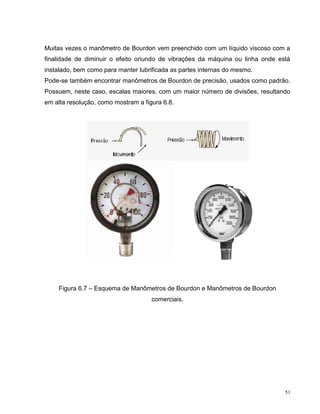Muitas vezes o manômetro de Bourdon vem preenchido com um líquido viscoso com a
finalidade de diminuir o efeito oriundo de vibrações da máquina ou linha onde está
instalado, bem como para manter lubrificada as partes internas do mesmo.
Pode-se também encontrar manômetros de Bourdon de precisão, usados como padrão.
Possuem, neste caso, escalas maiores, com um maior número de divisões, resultando
em alta resolução, como mostram a figura 6.8.




    Figura 6.7 – Esquema de Manômetros de Bourdon e Manômetros de Bourdon
                                     comerciais.




                                                                                51
 