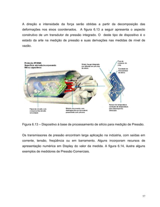A direção e intensidade da força serão obtidas a partir da decomposição das
deformações nos eixos coordenados.      A figura 6.13 a seguir apresenta o aspecto
construtivo de um transdutor de pressão integrado. O deste tipo de dispositivo é o
estado da arte na medição de pressão e suas derivações nas medidas de nível de
vazão.




Figura 6.13 – Dispositivo à base de processamento de silício para medição de Pressão.


Os transmissores de pressão encontram larga aplicação na indústria, com saídas em
corrente, tensão, freqüência ou em barramento. Alguns incorporam recursos de
apresentação numérica em Display do valor da medida. A figura 6.14, ilustra alguns
exemplos de medidores de Pressão Comerciais.




                                                                                   57
 