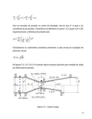 Com as tomadas de pressão no centro da tubulação, tem-se que z1 é igual a z2,
cancelando-se as parcelas. Tomando-se os diâmetros no ponto 1 e 2, iguais a D1 e D2,
respectivamente, a diferença de pressão será:




Considerando os coeficientes constantes pertinentes a cada arranjo de tubulação em
particular, temos:




As figuras 7.3, 7.4, 7.5 e 7.6 mostram alguns arranjos possíveis para medição de vazão
por diferencial de pressão.




                              Figura 7.3 – Venturi Longo.


                                                                                    64
 