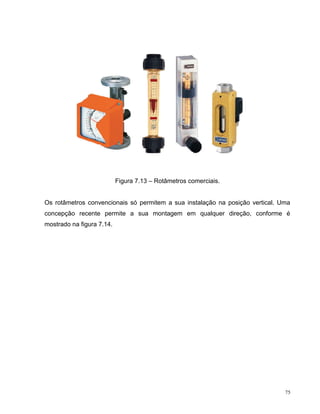 Figura 7.13 – Rotâmetros comerciais.


Os rotâmetros convencionais só permitem a sua instalação na posição vertical. Uma
concepção recente permite a sua montagem em qualquer direção, conforme é
mostrado na figura 7.14.




                                                                               75
 
