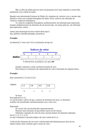 Mas se além da média quisesse fazer um programa em C para imprimir as notas lidas 
16 
juntamente com a média da turma . 
Quando uma determinada Estrutura de Dados for composta de variáveis com o mesmo tipo 
primitivo, temos um conjunto homogêneo de dados. Essas variáveis são chamadas de 
variáveis compostas homogêneas. 
As variáveis compostas homogêneas unidimensionais são utilizadas para representar 
arranjos unidimensionais de elementos de um mesmo tipo, em outras palavras, são utilizadas 
para representar vetores. 
sintaxe para declaração de uma variável deste tipo é: 
tipo_primitivo identificador[qtde_elementos]; 
Exemplo: 
int dados[5]; // vetor com 5 (0 a 4) elementos do tipo int 
Sempre começará a contar a primeira posição do zero. 
Para fornecer os elementos de cada posição do vetor é declarado da seguinte forma: 
Exemplo: 
float valores[4]={1.2,3.6,4.5,2.8}; 
valores 
1.2 3.6 4.5 2.8 
0 1 2 3 
Se fosse 
float dados[3]={1.2}; 
ou seja há menos valores do que o número de elementos do array, os elementos 
restantes são inicializados automaticamente com o valor zero. 
Importante: 
Os vetores não são inicializados automaticamente. 
Declarar mais elementos do que defino causa erro de sintaxe. 
Omitindo o tamanho do vetor ele terá o mesmo número de elementos digitados. 
int n[ ] = {1, 2, 3, 4, 5}; 
ou seja 5 elementos,5 posições,índices do vetor variam de 0 a 4. 
Cada um dos elementos de um vetor é referenciado individualmente por meio de um 
número inteiro entre colchetes após o nome do vetor. 
 