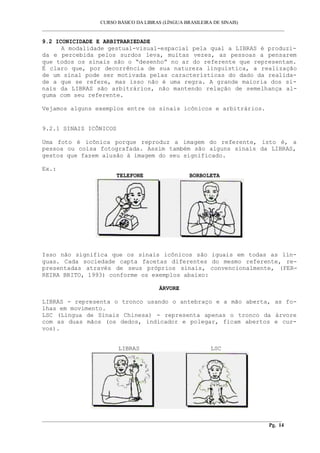 CURSO BÁSICO DA LIBRAS (LÍNGUA BRASILEIRA DE SINAIS)
___________________________________________________________________________________________
9.2 ICONICIDADE E ARBITRARIEDADE
A modalidade gestual-visual-espacial pela qual a LIBRAS é produzi-
da e percebida pelos surdos leva, muitas vezes, as pessoas a pensarem
que todos os sinais são o “desenho” no ar do referente que representam.
É claro que, por decorrência de sua natureza linguística, a realização
de um sinal pode ser motivada pelas características do dado da realida-
de a que se refere, mas isso não é uma regra. A grande maioria dos si-
nais da LIBRAS são arbitrários, não mantendo relação de semelhança al-
guma com seu referente.
Vejamos alguns exemplos entre os sinais icônicos e arbitrários.
9.2.1 SINAIS ICÔNICOS
Uma foto é icônica porque reproduz a imagem do referente, isto é, a
pessoa ou coisa fotografada. Assim também são alguns sinais da LIBRAS,
gestos que fazem alusão à imagem do seu significado.
Ex.:
TELEFONE BORBOLETA
Isso não significa que os sinais icônicos são iguais em todas as lín-
guas. Cada sociedade capta facetas diferentes do mesmo referente, re-
presentadas através de seus próprios sinais, convencionalmente, (FER-
REIRA BRITO, 1993) conforme os exemplos abaixo:
ÁRVORE
LIBRAS - representa o tronco usando o antebraço e a mão aberta, as fo-
lhas em movimento.
LSC (Língua de Sinais Chinesa) - representa apenas o tronco da árvore
com as duas mãos (os dedos, indicador e polegar, ficam abertos e cur-
vos).
LIBRAS LSC
__________________________________________________________________________________________
Pg. 14
 