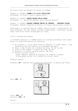CURSO BÁSICO DA LIBRAS (LÍNGUA BRASILEIRA DE SINAIS)
___________________________________________________________________________________________
Há alguns casos de omissão de verbos na LIBRAS:
Exemplo 5: LIBRAS: CINEMA O-P-I-A-N-O MUITO-BOM
Português: “O filme O Piano é maravilhoso!”
Exemplo 6: LIBRAS: PORQUE PESSOA FELIZ-PULAR
Português: "... porque as pessoas estão felizes demais!"
Exemplo 7: LIBRAS: PASSADO COMEÇAR FÉRIAS EU VONTADE... DEPRESSA VIAJAR
Português: “Quando chegaram as férias, eu fiquei ansiosa para viajar.”
Observação: na estruturação da LIBRAS observa-se que a mesma possui re-
gras próprias; não são usados artigos, preposições, conjunções, porque
esses conectivos estão incorporados ao sinal.
9.3.2.1 Sistema pronominal
a) Pronomes pessoais: a LIBRAS possui um sistema pronominal para repre-
sentar as seguintes pessoas do discurso:
 No singular, o sinal para todas as pessoas é o mesmo CM[G], o que
diferencia uma das outras é a orientação das mãos;
 Dual: a mão ficará com o formato de dois, CM [K] ou [V];
 Trial: a mão assume o formato de três, CM [W];
 Quatrial: o formato será de quatro, CM [54];
 Plural: há dois sinais:
Sinal composto (pessoa do discurso no singular + grupo).
Configuração da mão [Gd] fazendo um círculo (nós).
Primeira pessoa
Singular: EU - apontar para o peito do enunciador (a pessoa que fala)
Dual: NÓS – 2
Trial: NÓS - 3
Quatrial: NÓS – 4
Plural:
__________________________________________________________________________________________
Pg. 22
 