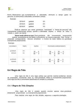 Instituto Federal
Campus Araranguá

Km/h). Observemos que, aumentando-se a velocidade,
percurso, ou diminuindo a velocidade, aumentará o tempo.

diminuirá

o

tempo

gasto

no

Exemplo:
30 Km/h

gastará

8h

40 Km/h

gastará

6h

60 Km/h

gastará

4h

Pode-se observar que essas grandezas "velocidade" e "tempo de percurso" são
inversamente proporcionais porque, quando a velocidade duplica, o tempo se reduz à
metade e assim por diante.
Desse modo afirma-se que: Duas grandezas
são inversamente proporcionais
quando, aumentando-se uma delas,a outradiminui na mesma proporção. Para formar a
proporção correspondente, deve-se considerar o inverso da razão relativa às grandezas
inversamente proporcionais.
Exemplo:
VELOCIDAD E

TEMPO

a) 30 Km/h

8h

60 Km/h

4h

b) 40 Km/h

6h

60 Km/h

4h

RAZÕES

PROPORÇÃO CORRESPONDENTE

30
8
e
60
4

30
1
=
60
8
4

30
4
=
60
8

40
6
e
60
4

40
1
=
60
6
4

40
4
=
60
6

6.4 Regra de Três
Uma regra de três é uma regra prática que permite resolver problemas através
de proporções, envolvendo duas ou mais grandezas, direta ou inversamente proporcionais.
Uma regra de três é comumente classificada em simples ou composta.

6.4.1 Regra de Três Simples
Uma regra de três é simples quando envolve
diretamente proporcionais ou inversamente proporcionais.

apenas

duas grandezas

Para resolver uma regra de três simples, segue-se a seguinte orientação:

Eletromecânica

Página: 53

 