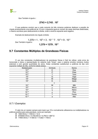 Instituto Federal
Campus Araranguá

Que Também é igual a :

2743 = 2,743 . 103
O que podemos concluir que a cada conjunto de três números podemos deslocar a posição da
vírgula acrescentando uma potência de 10 com o expoente igual ao número de casas decimais deslocadas,
o mesmo acontece para deslocamento à direita, onde o sinal do expoente será negativo.
Exemplo de deslocamento da vírgula à direita:

1,379 = 1 . 100 + 3 . 10-1 + 7 . 10-2 + 9 . 10-3
Que Também é igual a :

1,379 = 1379 . 10-3

9.7 Constantes Múltiplos de Grandezas Físicas

O uso dos constantes (multiplicadores) de grandezas físicas é fácil de utilizar, evita erros de
transcrição e deixa a representação do sistema mais “limpa”, caso o sistema envolva números muitos
extensos e com grande quantidade de zeros. Estas constantes substituíram a potência de dez com
expoente múltiplo de três, conforme tabela abaixo.

Multiplicador
1018
1015
1012
109
106
103
10-3
10-6
10-9
10-12
10-15
10-18

Símbolo
E
P
T
G
M
K
1
M
µ
η
ρ
f
a

Nome
Exa
Peta
Tera
Giga
Mega
Quilo
Mili
Micro
Nano
Pico
Fento
Atto

9.7.1 Exemplos
O valor de um resistor sempre será maior que 1Ω e normalmente utilizaremos os multiplicadores na
potência positiva para esta grandeza, como por exemplo:
 1000 Ohms = 1.000 Ω = 1k Ω
 6700000 Ohms = 6.700.000 Ω = 6,7M Ω = 6M7 Ω
 17600 Ohms = 17.600 Ω = 17,6kΩ = 17k6 Ω

Eletromecânica

Página: 81

 