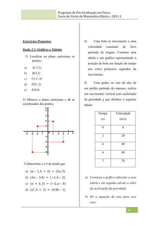 Programa de Pós-Graduação em Física
Curso de Verão de Matemática Básica – 2011.1
29
Exercícios Propostos:
Seção 2.1: Gráficos e Tabelas
1) Localizar no plano cartesiano os
pontos.
a) A(-2,1)
b) B(3,5)
c) C(-1,-4)
d) D(5,-2)
e) E(0,6)
2) Observe o plano cartesiano e dê as
coordenadas dos pontos.
3) Determine a e b de modo que.
a) (𝑎 – 1, 𝑏 + 3) = (2𝑎, 5)
b) (3𝑎 – 3,4) = (−1, 𝑏 – 2)
c) (𝑎 + 𝑏, 3) = (−2, 𝑎 – 𝑏)
d) (𝑎2
, 𝑏 + 3) = (4,4𝑏 – 1)
4) Uma bola se movimenta a uma
velocidade constante de 2m/s
partindo da origem. Construa uma
tabela e um gráfico representando a
posição da bola em função do tempo
nos cinco primeiros segundos de
movimento.
5) Uma pedra, ao cair do alto de
um prédio partindo do repouso, realiza
um movimento vertical com aceleração
da gravidade g que obedece à seguinte
tabela:
Tempo
(s)
Velocidade
(m/s)
0 0
2 20
4 40
6 60
7 70
a) Construa o gráfico referente a essa
tabela e em seguida calcule o valor
da aceleração da gravidade.
b) Dê a equação da reta para esse
caso.
 