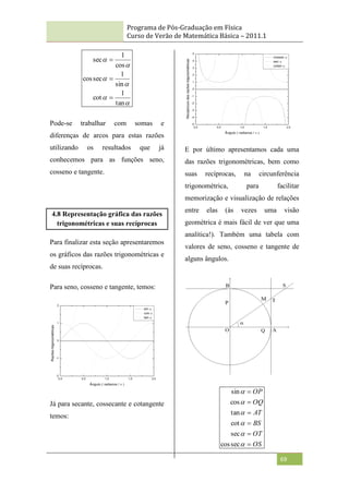 Programa de Pós-Graduação em Física
Curso de Verão de Matemática Básica – 2011.1
69






tan
1
cot
sin
1
sec
cos
cos
1
sec



Pode-se trabalhar com somas e
diferenças de arcos para estas razões
utilizando os resultados que já
conhecemos para as funções seno,
cosseno e tangente.
4.8 Representação gráfica das razões
trigonométricas e suas recíprocas
Para finalizar esta seção apresentaremos
os gráficos das razões trigonométricas e
de suas recíprocas.
Para seno, cosseno e tangente, temos:
Já para secante, cossecante e cotangente
temos:
E por último apresentamos cada uma
das razões trigonométricas, bem como
suas recíprocas, na circunferência
trigonométrica, para facilitar
memorização e visualização de relações
entre elas (às vezes uma visão
geométrica é mais fácil de ver que uma
analítica!). Também uma tabela com
valores de seno, cosseno e tangente de
alguns ângulos.
OS
OT
BS
AT
OQ
OP












sec
cos
sec
cot
tan
cos
sin
 