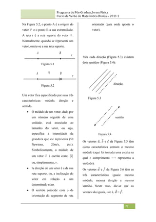 Programa de Pós-Graduação em Física
Curso de Verão de Matemática Básica – 2011.1
77
Na Figura 5.2, o ponto A é a origem do
vetor v e o ponto B a sua extremidade.
A reta r é a reta suporte do vetor v .
Normalmente, quando se representa um
vetor, omite-se a sua reta suporte.
Figura 5.1
Figura 5.2
Um vetor fica especificado por suas três
características: módulo, direção e
sentido.
 O módulo de um vetor, dado por
um número seguido de uma
unidade, está associado ao
tamanho do vetor, ou seja,
especifica a intensidade da
grandeza que ele representa (50
Newtons, 20m/s, etc.).
Simbolicamente, o módulo de
um vetor v é escrito como v

ou, simplesmente, v.
 A direção de um vetor é a da sua
reta suporte, ou, a inclinação do
vetor em relação a um
determinado eixo.
 O sentido coincide com o da
orientação do segmento de reta
orientado (para onde aponta o
vetor).
Para cada direção (Figura 5.3) existem
dois sentidos (Figura 5.4):
Os vetores 𝑎, 𝑏 e 𝑐 da Figura 5.5 têm
como característica comum o mesmo
módulo (aqui foi tomada uma escala na
qual o comprimento representa a
unidade).
Os vetores 𝑑 e 𝑓 da Figura 5.6 têm as
três características iguais: mesmo
módulo, mesma direção e mesmo
sentido. Neste caso, diz-se que os
vetores são iguais, isto é, 𝑑 = 𝑓.
direção
Figura 5.3
sentido
Figura 5.4
 