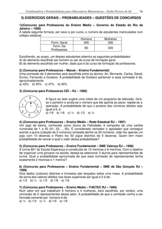 Combinatória e Probabilidades para Educadores Matemáticos – Ilydio Pereira de Sá 76
5) EXERCÍCIOS GERAIS – PROBABILIDADES – QUESTÕES DE CONCURSOS
1)(Concurso para Professores do Ensino Médio – Governo do Estado do Rio de
Janeiro – 1990)
A tabela seguinte fornece, por sexo e por curso, o número de estudantes matriculados num
colégio estadual.
Homens Mulheres
Form. Geral 400 200
Form. De
Professores
80 320
Escolhendo, ao acaso, um desses estudantes obtenha as seguintes probabilidades:
A) do elemento escolhido ser homem ou ser do curso de formação geral
B) do elemento escolhido ser mulher, dado que é do curso de formação de professores.
2) (Concurso para Professores – Macaé – Ensino Fundamental)
Uma comissão de 3 elementos será escolhida entre os alunos: Ari, Bernardo, Carlos, David,
Eurico, Fernando e Gustavo. A probabilidade de Gustavo pertencer a essa comissão é de,
aproximadamente:
a) 43% b) 45% c) 47% d) 49%
3) (Concurso para Professores CEI – RJ – 1996)
0
1 1
2 3
2
4) (Concurso para Professores – Ensino Médio – Rede Estadual RJ – 1997)
Um jogo de loteria, conhecido como Quina da Felicidade, é composto de uma cartela
numerada de 1 a 50 (01, 02, ....50). É considerado vencedor o apostador que conseguir
acertar a quina (coleção de 5 números) sorteada dentre os 50 números. João fez apenas um
jogo com 10 dezenas e Pedro fez 50 jogos distintos de 5 dezenas. Quem tem maior
probabilidade de vencer e qual o valor dessa probabilidade?
5) (Concurso para Professores – Ensino Fundamental – SME Valença RJ – 1998)
A turma 801 da Escola Esperança é constituída de 12 meninas e 8 meninos. Com o objetivo
de organizar uma gincana na escola, deseja-se selecionar 3 alunos para representantes de
turma. Qual a probabilidade aproximada de que essa comissão de representantes tenha
exatamente 2 meninas e 1 menino?
6) (Concurso para Professores – Ensino Fundamental – SME de São Gonçalo RJ –
1998)
Dois dados (cúbicos) distintos e honestos são lançados sobre uma mesa. A probabilidade
da soma dos valores obtidos nas faces superiores ser igual a 5 é de:
a) 1/3 b) ¼ c) 1/5 d) 1/6 e) 1/9
7) (Concurso para Professores – Ensino Médio – FAETEC RJ – 1998)
Num setor em que trabalham 6 homens e 4 mulheres, será escolhida, por sorteio, uma
comissão de 2 representantes desse setor. A probabilidade de que a comissão venha a ser
formada somente por homens é de:
a) ½ b) 1/3 c) ¼ d) 1/5 e) 1/6
A figura ao lado sugere uma roleta de um programa de televisão. Gira-
se o ponteiro e anota-se o número que ele aponta ao parar; repete-se a
operação. A probabilidade de que o produto dos números obtidos seja
igual a 6, é:
a) 1/9 b) 1/6 c) ¼ d) 1/3 e) ½
 