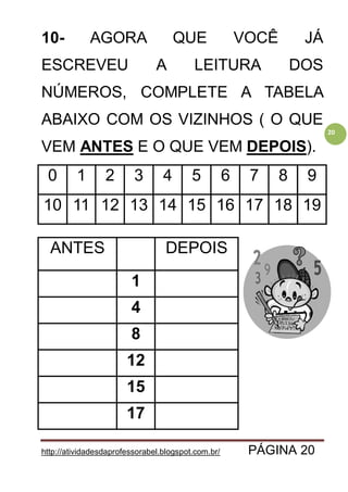 http://atividadesdaprofessorabel.blogspot.com.br/ PÁGINA 20
20
10- AGORA QUE VOCÊ JÁ
ESCREVEU A LEITURA DOS
NÚMEROS, COMPLETE A TABELA
ABAIXO COM OS VIZINHOS ( O QUE
VEM ANTES E O QUE VEM DEPOIS).
0 1 2 3 4 5 6 7 8 9
10 11 12 13 14 15 16 17 18 19
ANTES DEPOIS
1
4
8
12
15
17
 
