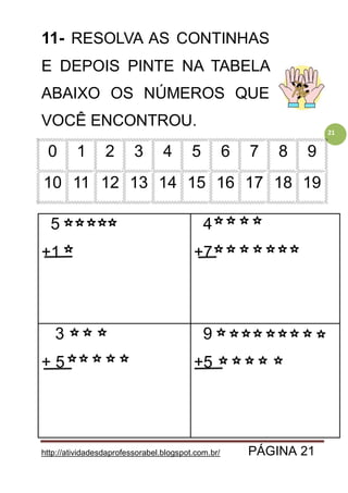http://atividadesdaprofessorabel.blogspot.com.br/ PÁGINA 21
21
11- RESOLVA AS CONTINHAS
E DEPOIS PINTE NA TABELA
ABAIXO OS NÚMEROS QUE
VOCÊ ENCONTROU.
0 1 2 3 4 5 6 7 8 9
10 11 12 13 14 15 16 17 18 19
5
+1
4
+7
3
+ 5
9
+5
 