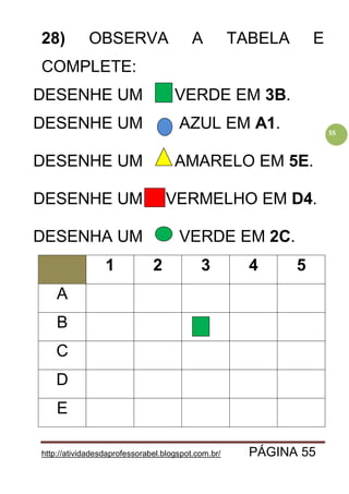 http://atividadesdaprofessorabel.blogspot.com.br/ PÁGINA 55
55
28) OBSERVA A TABELA E
COMPLETE:
DESENHE UM VERDE EM 3B.
DESENHE UM AZUL EM A1.
DESENHE UM AMARELO EM 5E.
DESENHE UM VERMELHO EM D4.
DESENHA UM VERDE EM 2C.
1 2 3 4 5
A
B
C
D
E
 