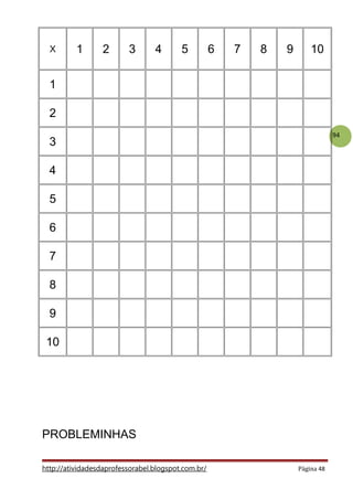 94
X 1 2 3 4 5 6 7 8 9 10
1
2
3
4
5
6
7
8
9
10
PROBLEMINHAS
http://atividadesdaprofessorabel.blogspot.com.br/ Página 48
 