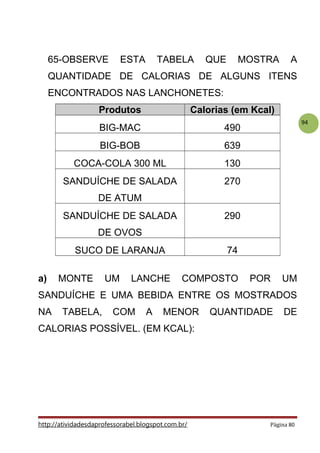 94
65-OBSERVE ESTA TABELA QUE MOSTRA A
QUANTIDADE DE CALORIAS DE ALGUNS ITENS
ENCONTRADOS NAS LANCHONETES:
Produtos Calorias (em Kcal)
BIG-MAC 490
BIG-BOB 639
COCA-COLA 300 ML 130
SANDUÍCHE DE SALADA
DE ATUM
270
SANDUÍCHE DE SALADA
DE OVOS
290
SUCO DE LARANJA 74
a) MONTE UM LANCHE COMPOSTO POR UM
SANDUÍCHE E UMA BEBIDA ENTRE OS MOSTRADOS
NA TABELA, COM A MENOR QUANTIDADE DE
CALORIAS POSSÍVEL. (EM KCAL):
http://atividadesdaprofessorabel.blogspot.com.br/ Página 80
 