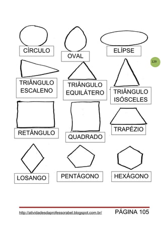 129
http://atividadesdaprofessorabel.blogspot.com.br/ PÁGINA 105
CÍRCULO
OVAL
ELÍPSE
QUADRADO
TRAPÉZIO
HEXÁGONOLOSANGO PENTÁGONO
RETÂNGULO
TRIÂNGULO
ESCALENO
TRIÂNGULO
EQUILÁTERO TRIÂNGULO
ISÓSCELES
 
