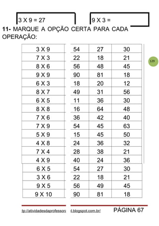 129
3 X 9 = 27 9 X 3 =
3 X 9 54 27 30
7 X 3 22 18 21
8 X 6 56 48 45
9 X 9 90 81 18
6 X 3 18 20 12
8 X 7 49 31 56
6 X 5 11 36 30
8 X 8 16 64 48
7 X 6 36 42 40
7 X 9 54 45 63
5 X 9 15 45 50
4 X 8 24 36 32
7 X 4 28 38 21
4 X 9 40 24 36
6 X 5 54 27 30
3 X 6 22 18 21
9 X 5 56 49 45
9 X 10 90 81 18
http://atividadesdaprofessorabel.blogspot.com.br/ PÁGINA 67
11- MARQUE A OPÇÃO CERTA PARA CADA
OPERAÇÃO:
 