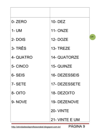 129
0- ZERO
1- UM
2- DOIS
3- TRÊS
4- QUATRO
5- CINCO
6- SEIS
7- SETE
8- OITO
9- NOVE
10- DEZ
11- ONZE
12- DOZE
13- TREZE
14- QUATORZE
15- QUINZE
16- DEZESSEIS
17- DEZESSETE
18- DEZOITO
19- DEZENOVE
20- VINTE
21- VINTE E UM
http://atividadesdaprofessorabel.blogspot.com.br/ PÁGINA 9
 